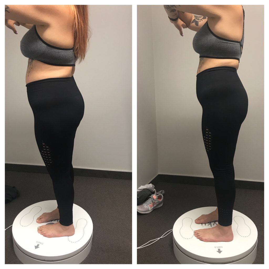 Side-by-side side profile photos of a person standing on a scale, wearing a gray sports bra and black leggings.