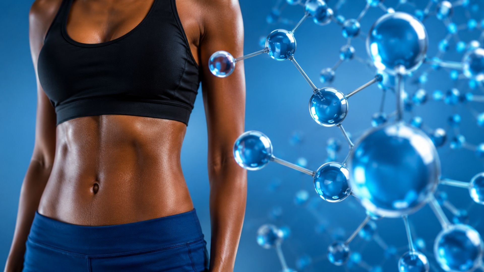Fitness model in black sports bra and blue leggings beside blue molecular graphics