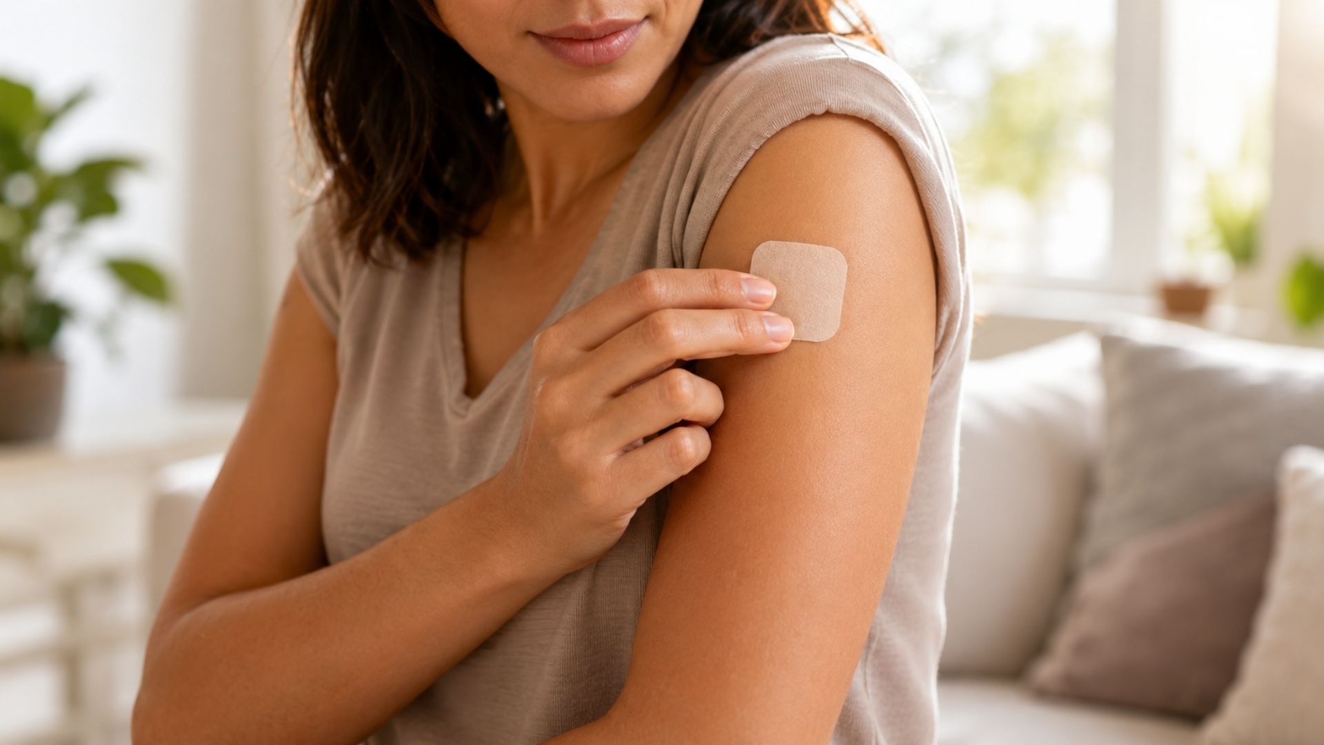 Woman applying a beige bandage to her upper arm on a couch in a bright living room