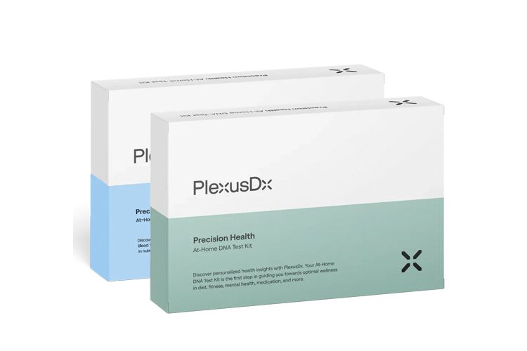 Two PlexusDx test kit boxes, white with light blue and mint-green accents.