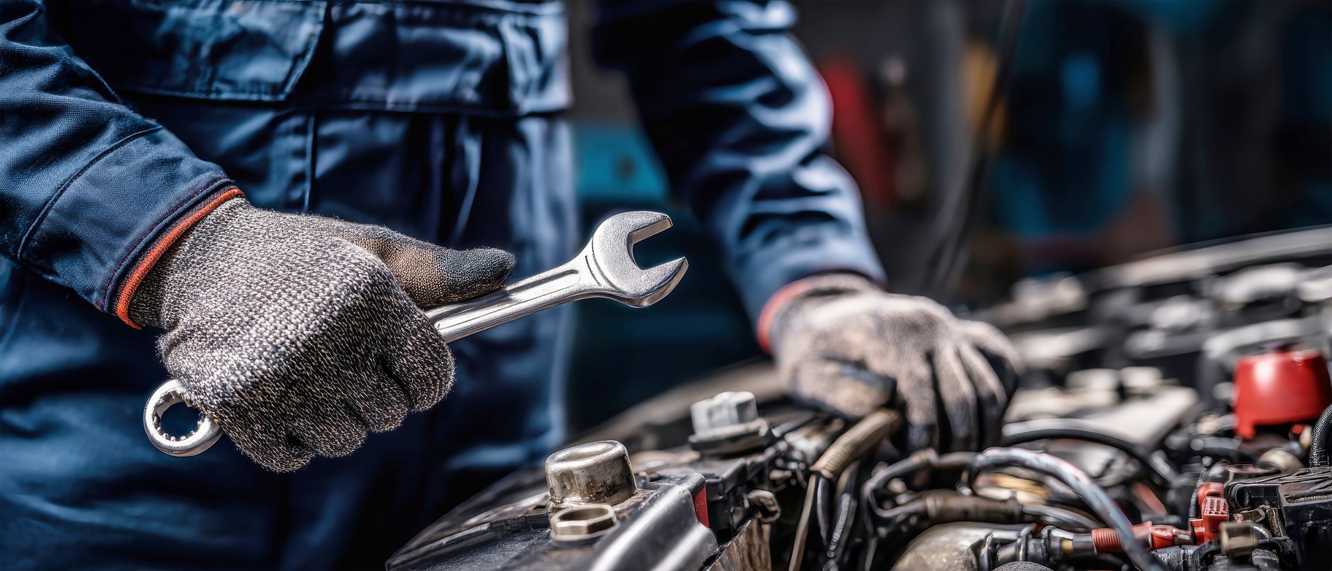 Expert mechanic using a wrench for a Volvo auto service and engine repair in a professional shop.