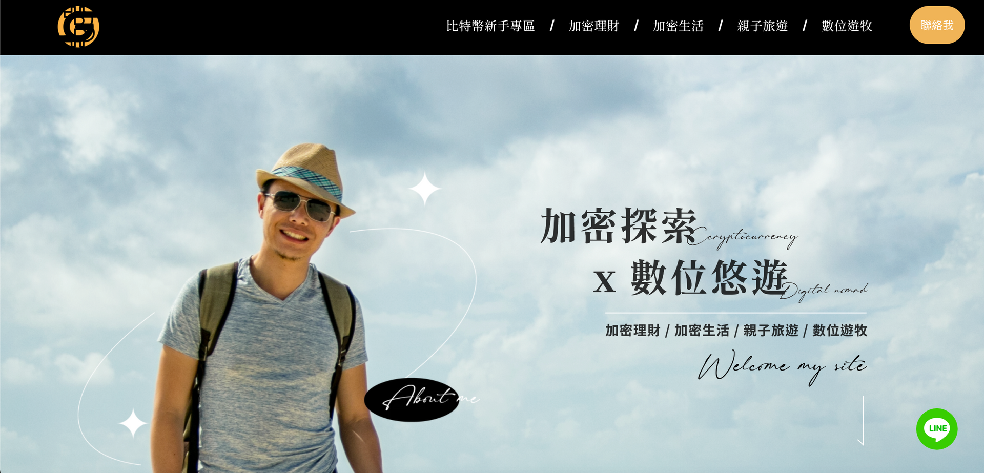 一個戴著帽子和墨鏡的男人站在藍天前。