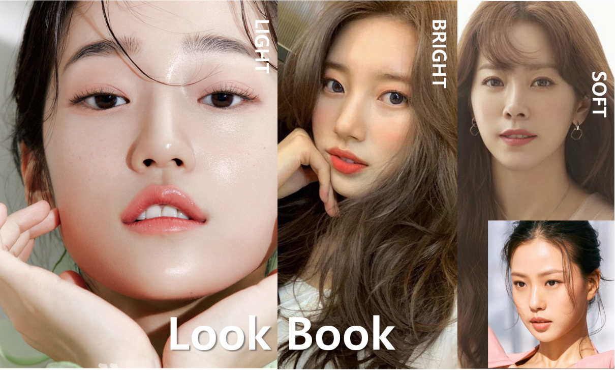 三張女人臉部照片的拼貼畫,底部寫著「look book」。