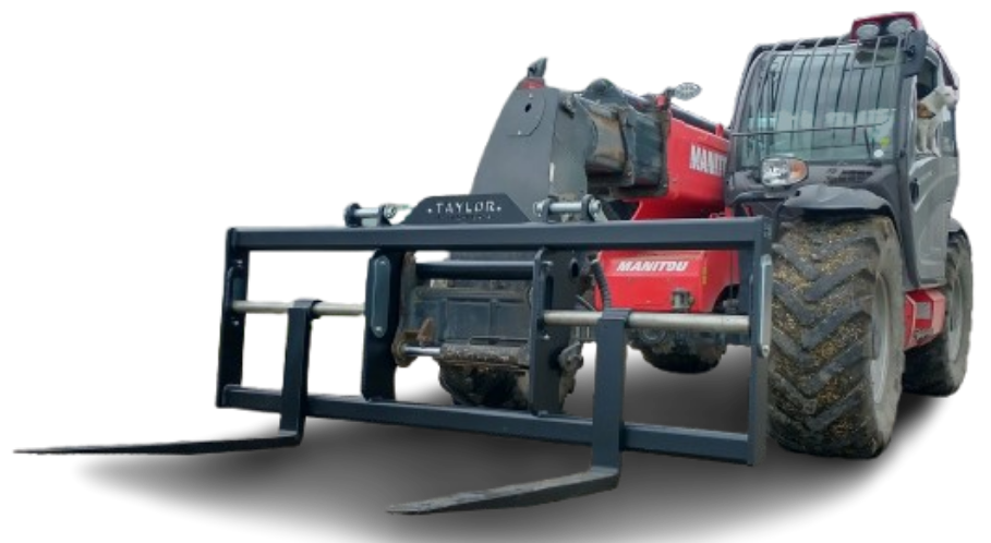 Wide shipping container forks on manitou telehandler