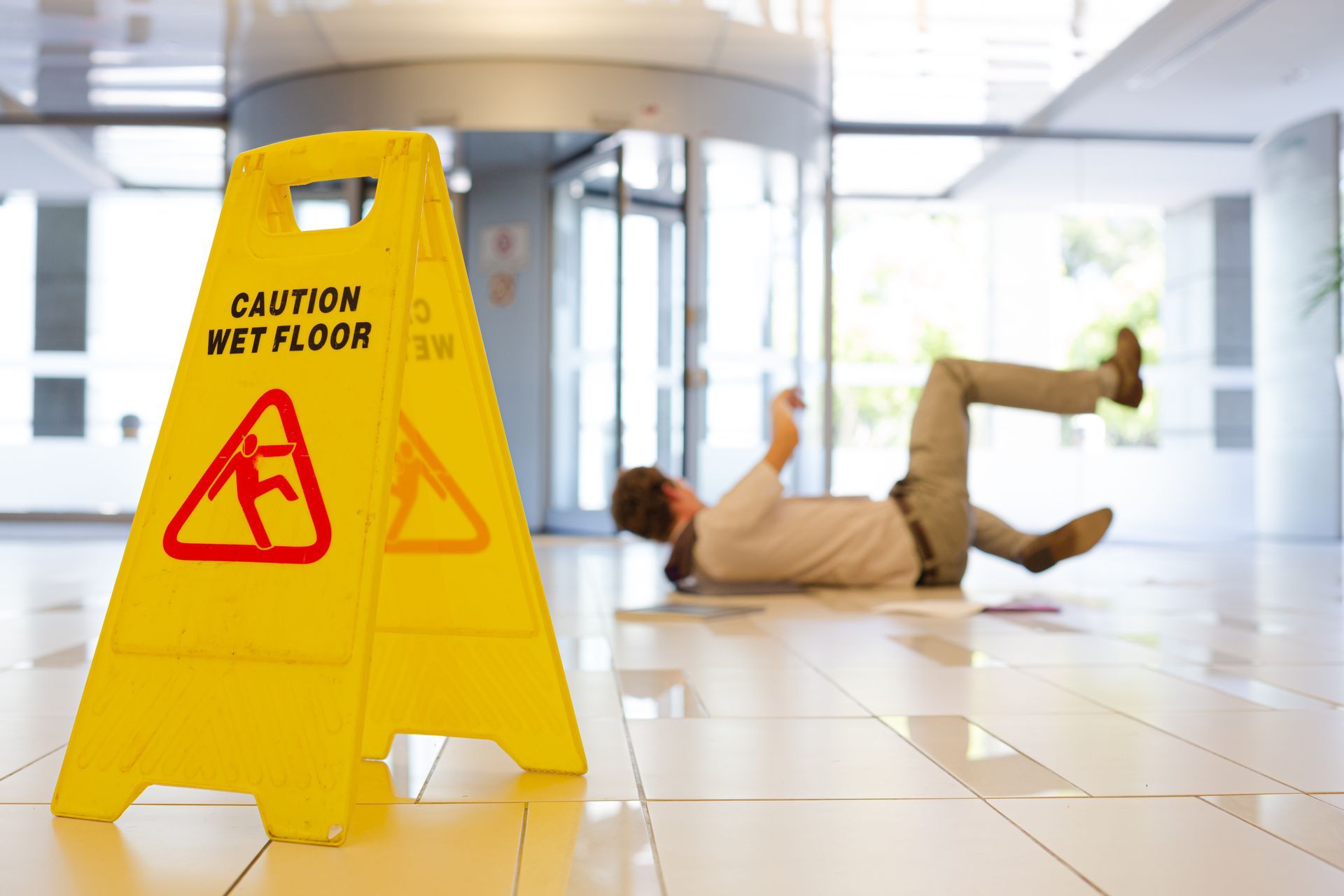 Wet floor in Pennsylvania with someone in the background that slipped and fell