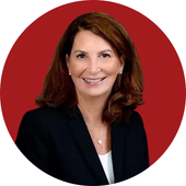Portrait of a smiling woman on a red circular background