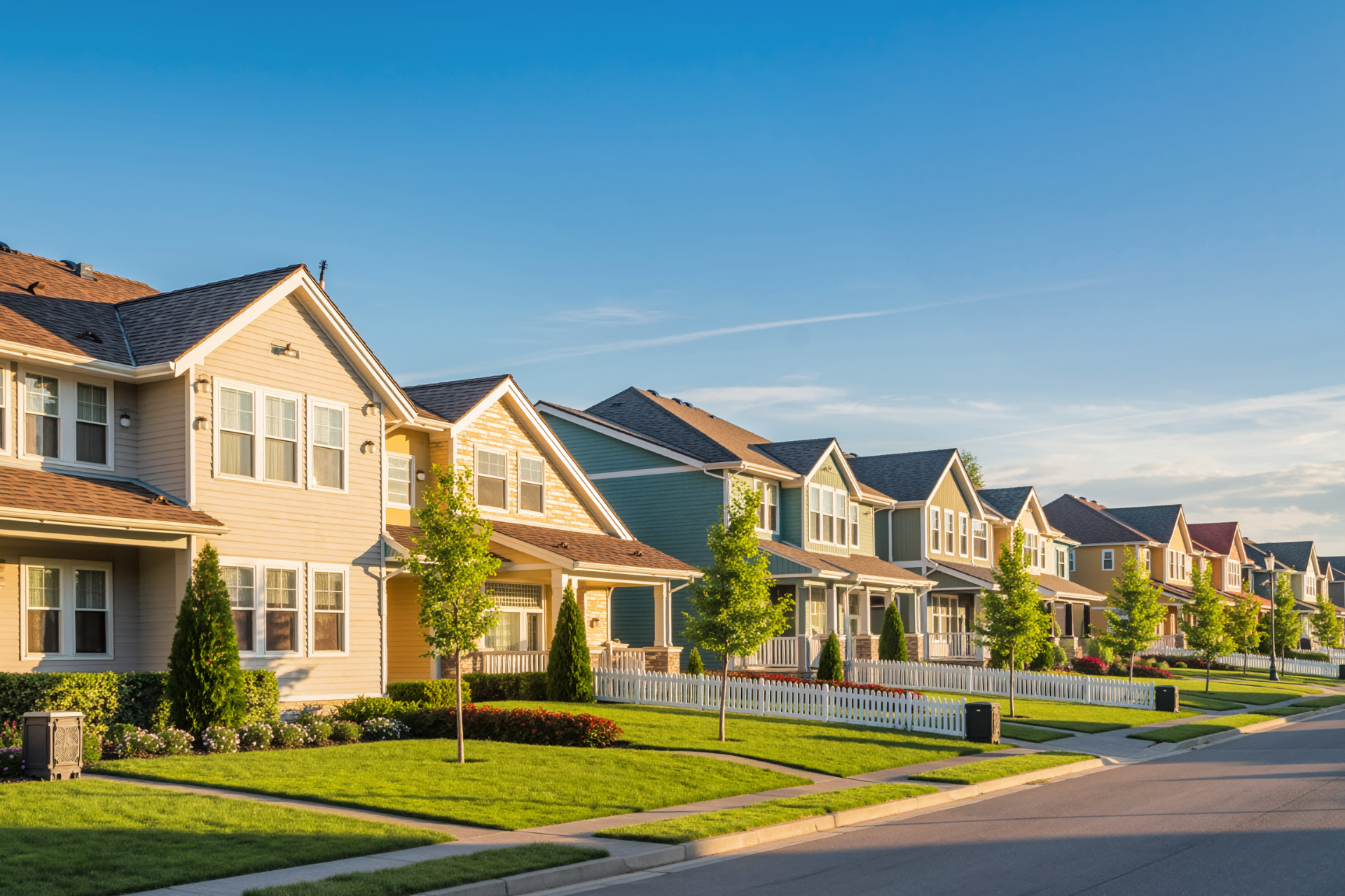 Row of beige suburban houses along a sunny street with green lawns and a clear blue sky