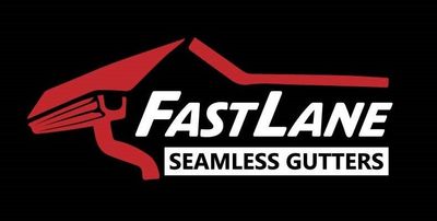FastLane Seamless Gutters logo in red, white, and black with a stylized roof and gutter icon