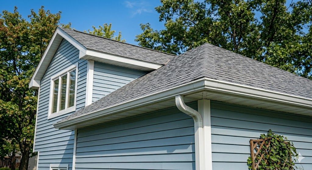Blue house with white trim and dormer windows under a gray shingled roof, seen from below against trees.