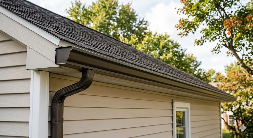Black rain gutter and downspout on a beige house exterior under the roofline