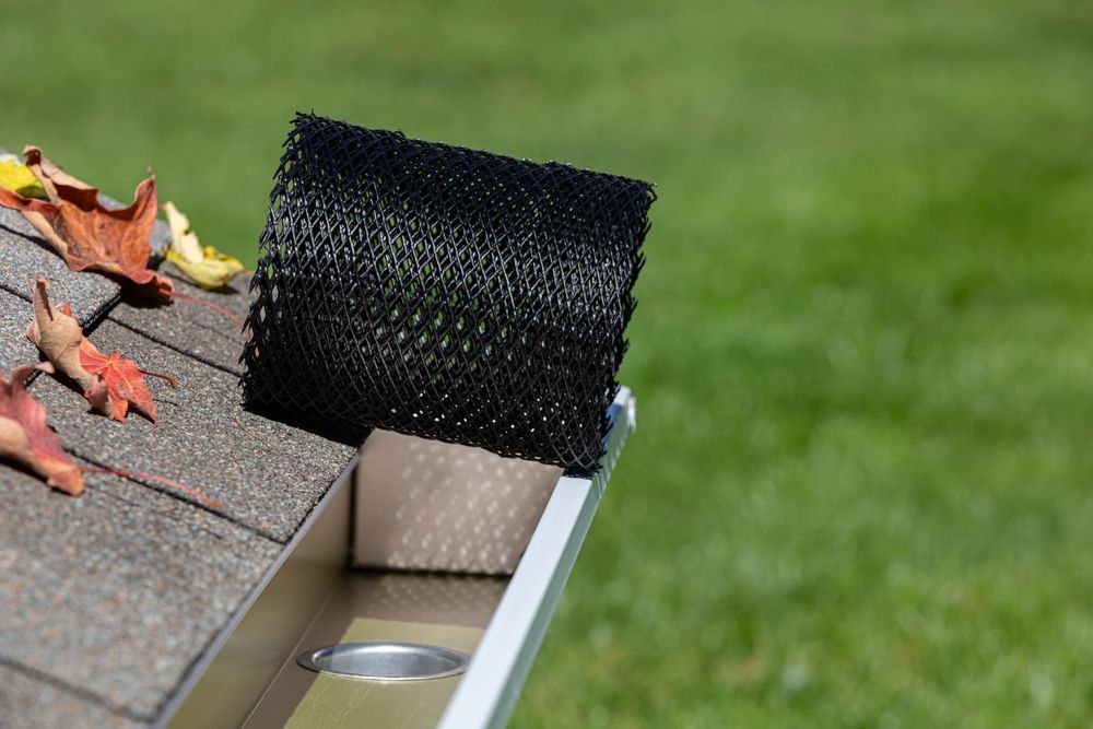 Black gutter guard on roof edge with fallen leaves and green lawn in the background