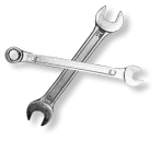 Two crossed silver wrenches on a white background