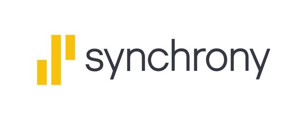 Synchrony logo with yellow bars and gray text on a white background