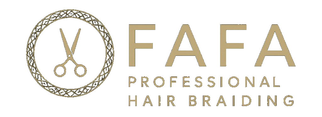Logo for FAFA Professional Hair Braiding: gold scissors in a circular frame, and text.