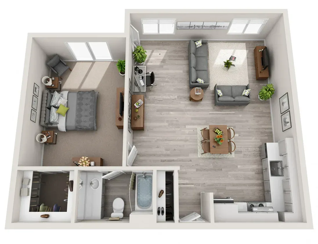 A floor plan of a one-bedroom apartment with light wood flooring, a grey bedroom, open kitchen, living, and dining areas.