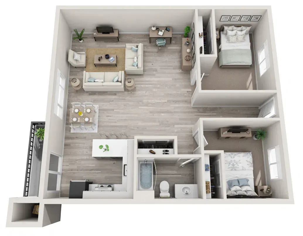 3D floor plan of a two-bedroom, one-bathroom apartment with an open living, dining, and kitchen area.