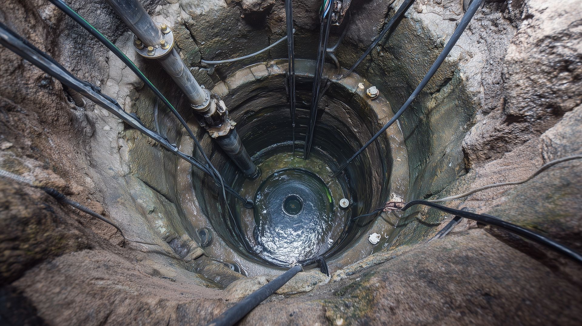 Overhead view into a deep stone well shaft with old pipes and cables during well cleaning services. Overhead view into a deep stone well shaft with old pipes and cables during well cleaning services.