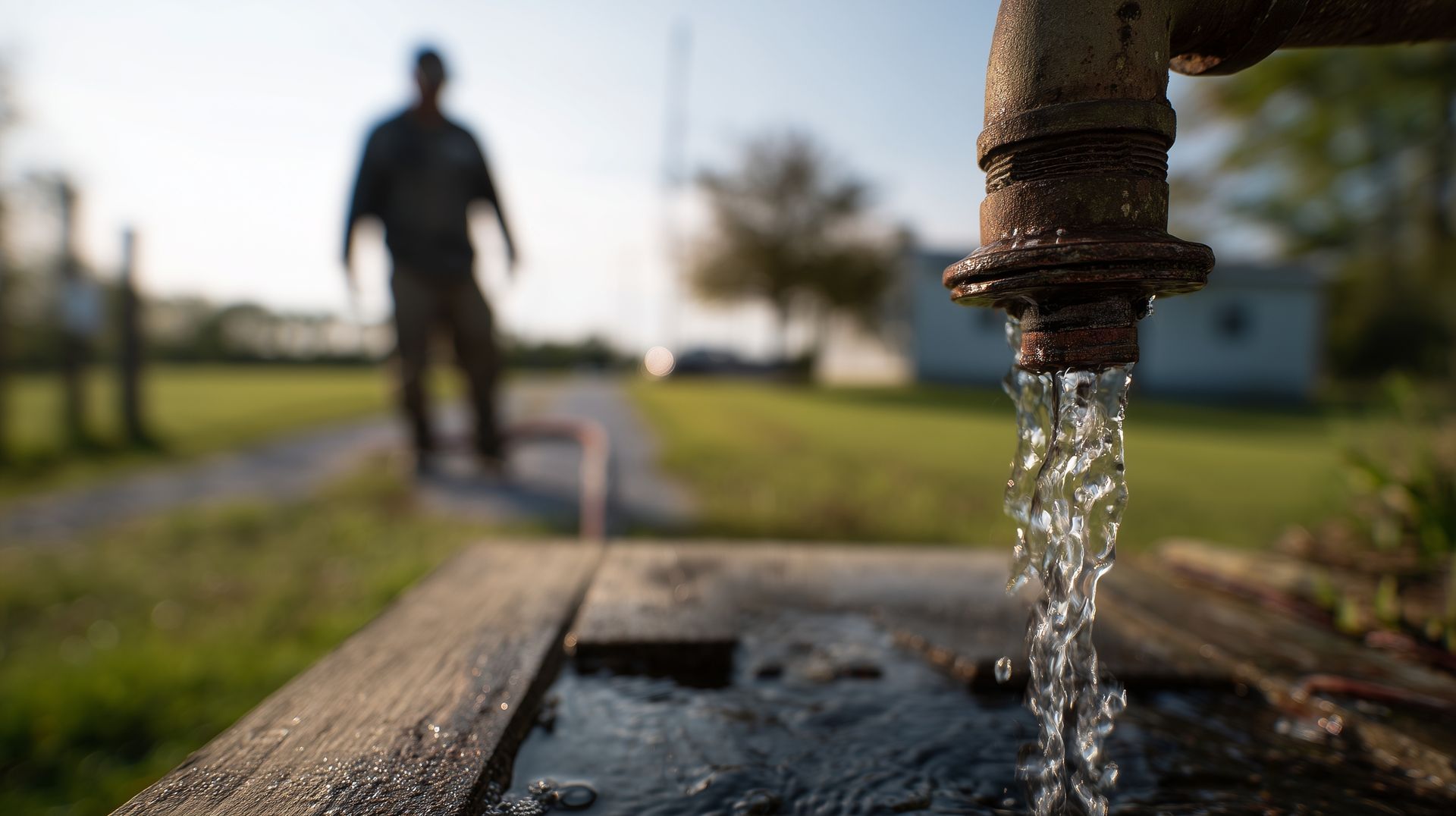 Water gushing from a rusty outdoor well spigot as a technician walks up for well cleaning services. Water gushing from a rusty outdoor well spigot as a technician walks up for well cleaning services.