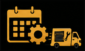 Orange calendar with gear and service truck icons on black background