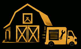 Yellow delivery truck beside a barn with crossed doors and farm tools icon