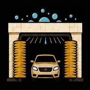 Car in an automatic car wash with yellow brushes and water jets under a beige arch.