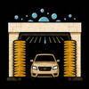 Car in an automatic car wash with yellow brushes and water jets under a beige arch.