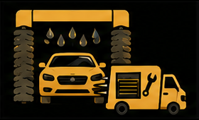 Yellow car wash with hanging water drops and a small service truck on a black background