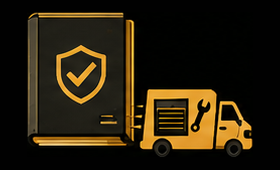 Gold delivery van beside a black security shield icon on a dark background