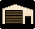 Beige garage with a large black roll-up door and a small black side door on a dark background