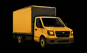 Yellow delivery truck on a black background, angled front view.