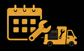Gold calendar, wrench, and tow truck icons on black background, suggesting vehicle service scheduling