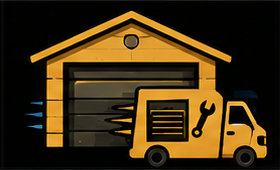 Yellow garage with a black garage door and small tow truck icon carrying a wrench.