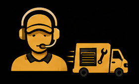 Customer support agent icon beside a yellow service van on a black background