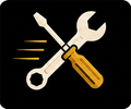 Crossed wrench and screwdriver icon on black background, with yellow motion lines