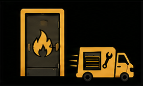 Black fire door beside a yellow fire-safety truck on a dark background