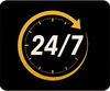 24/7 text in white inside a gold circular arrow on a black background