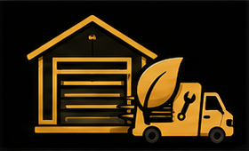 Gold garage and service truck icon with a house roof, tools, and leaf on a black background