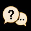 Two overlapping beige speech bubbles with a question mark and ellipsis on a black background