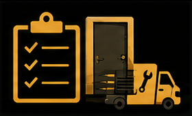 Yellow checklist clipboard, open door, and moving truck icon on black background.