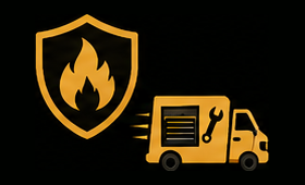 Orange fire shield icon beside a small orange utility truck with wrench and vent panel