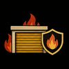 Stylized wooden firewall with flames and a shield icon on a black background