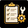 Clipboard checklist with wrench and gear icon on black background