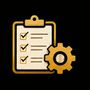 Checklist clipboard with three checked items and a gear icon in gold and black