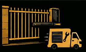 Yellow industrial gate and security truck icon on black background