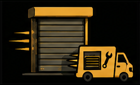 Yellow delivery truck beside a warehouse loading dock with boxes inside