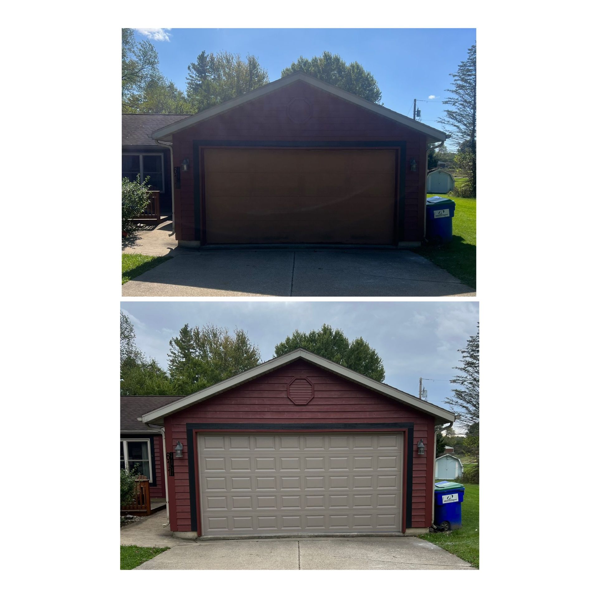 Two views of a house garage before and after painting, with new red siding and a tan garage door.