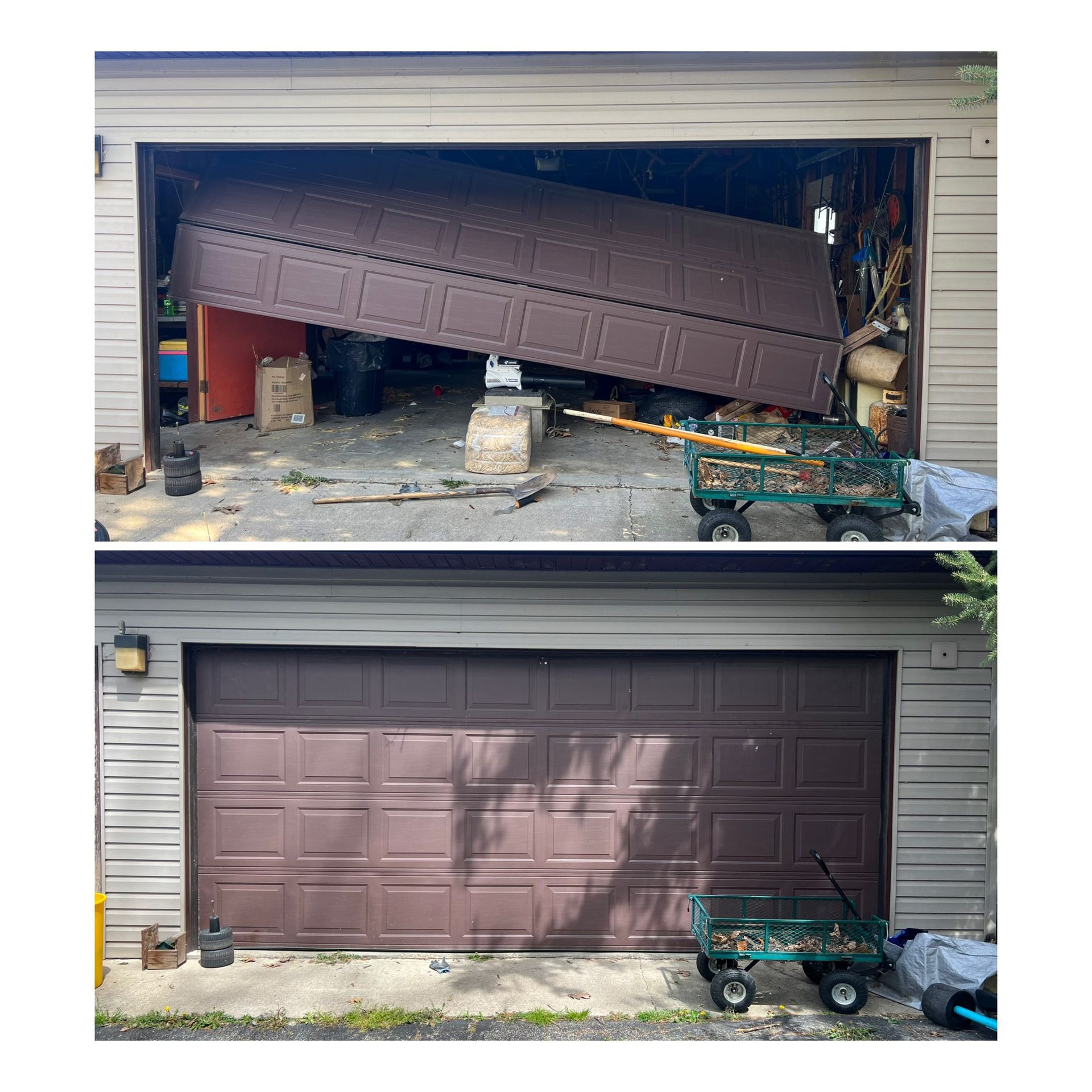 Collapsed garage door before and after repair: bent brown door replaced with a closed one
