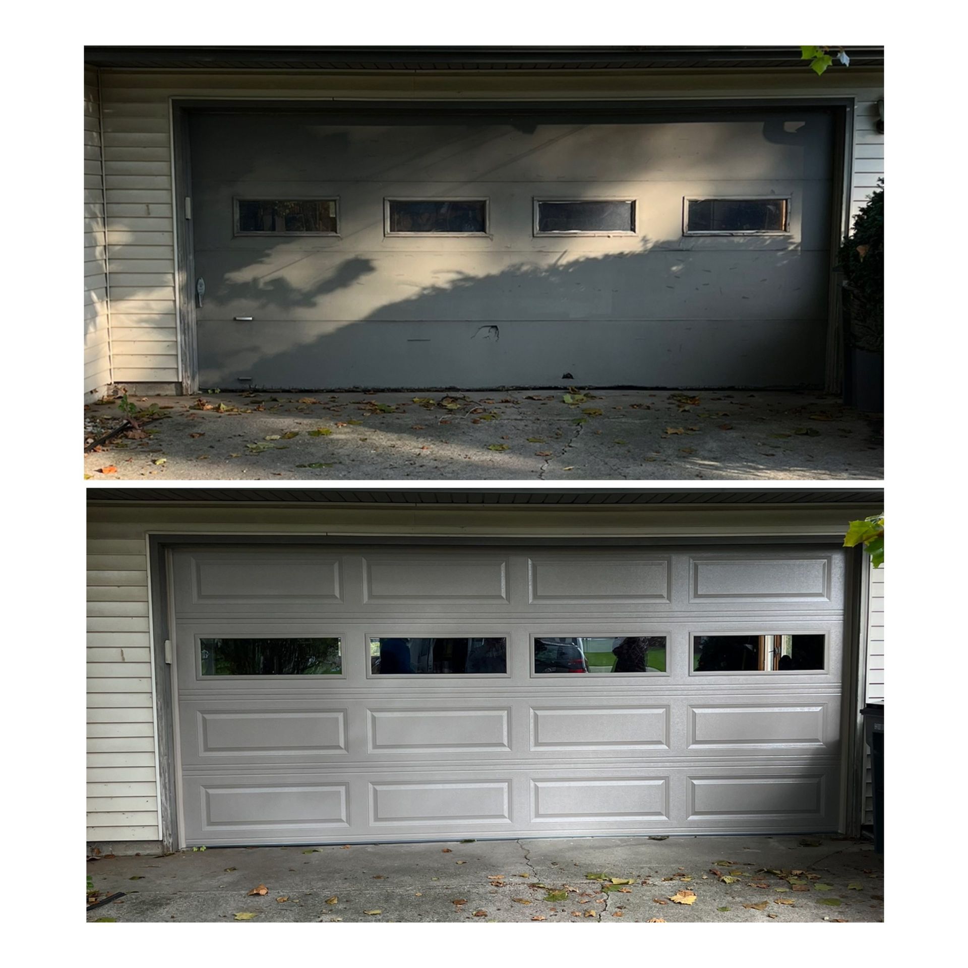 Before-and-after of a gray garage door: older solid door above, updated windowed door below.