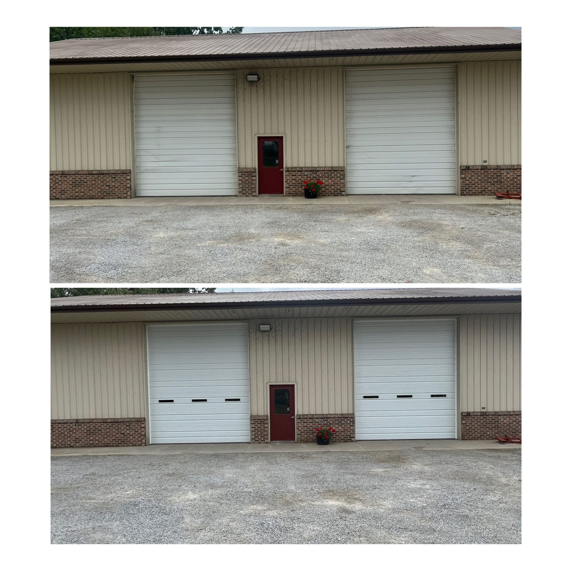 Before-and-after view of a beige warehouse facade with two large white doors and a red center door.
