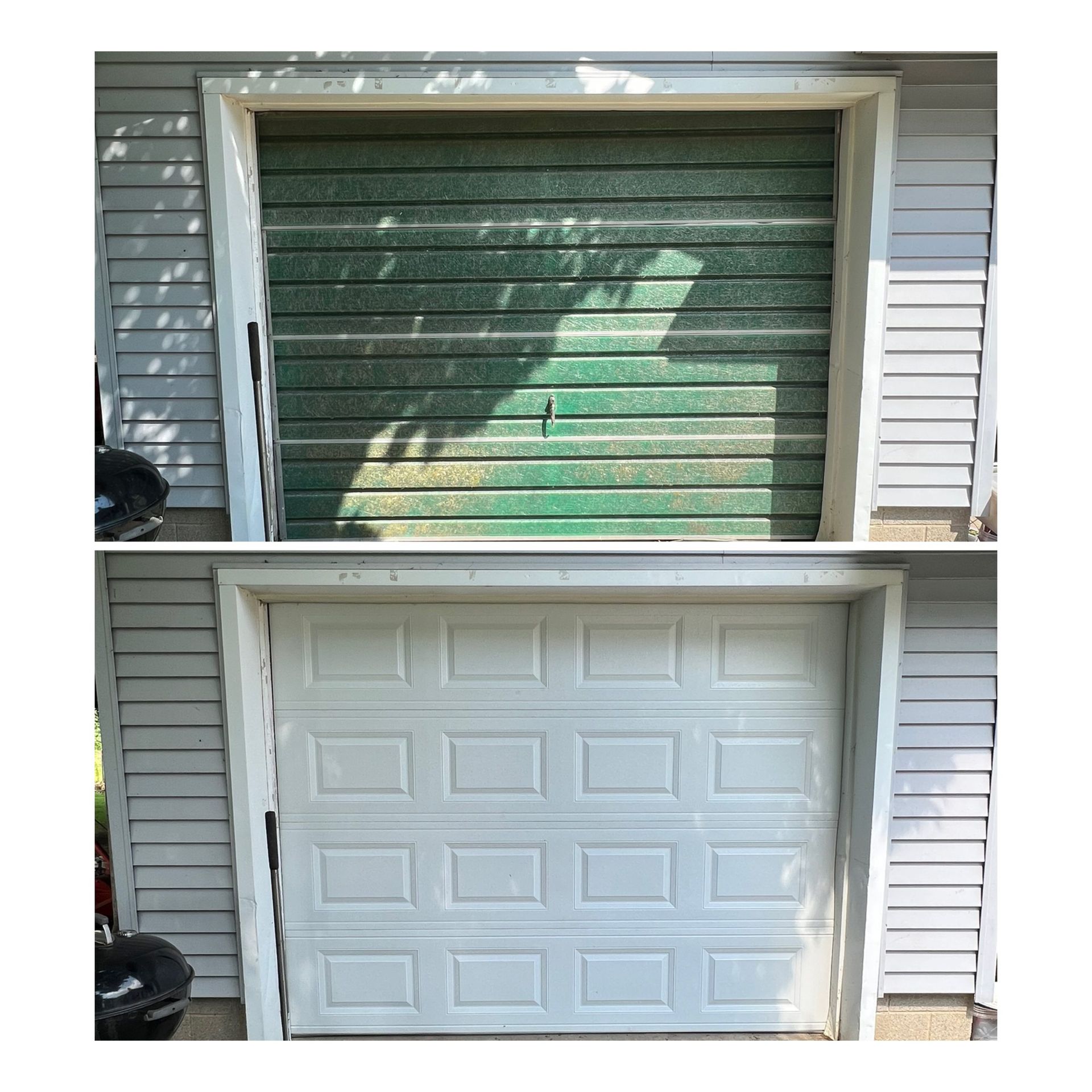 Before-and-after of a garage door replaced from green to white on a house exterior.